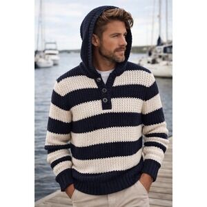 Nautica Hooded Sweater Men L Navy White Stripe Cotton Chunky Knit Coastal Preppy